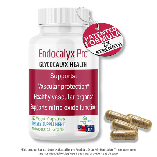 MYBODYRX Endocalyx Pro capsules close-up showing veggie formula for daily nourishment