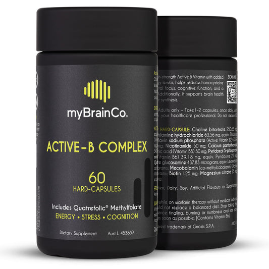 myBrainCo Active-B Complex bottle ready for daily energy support.