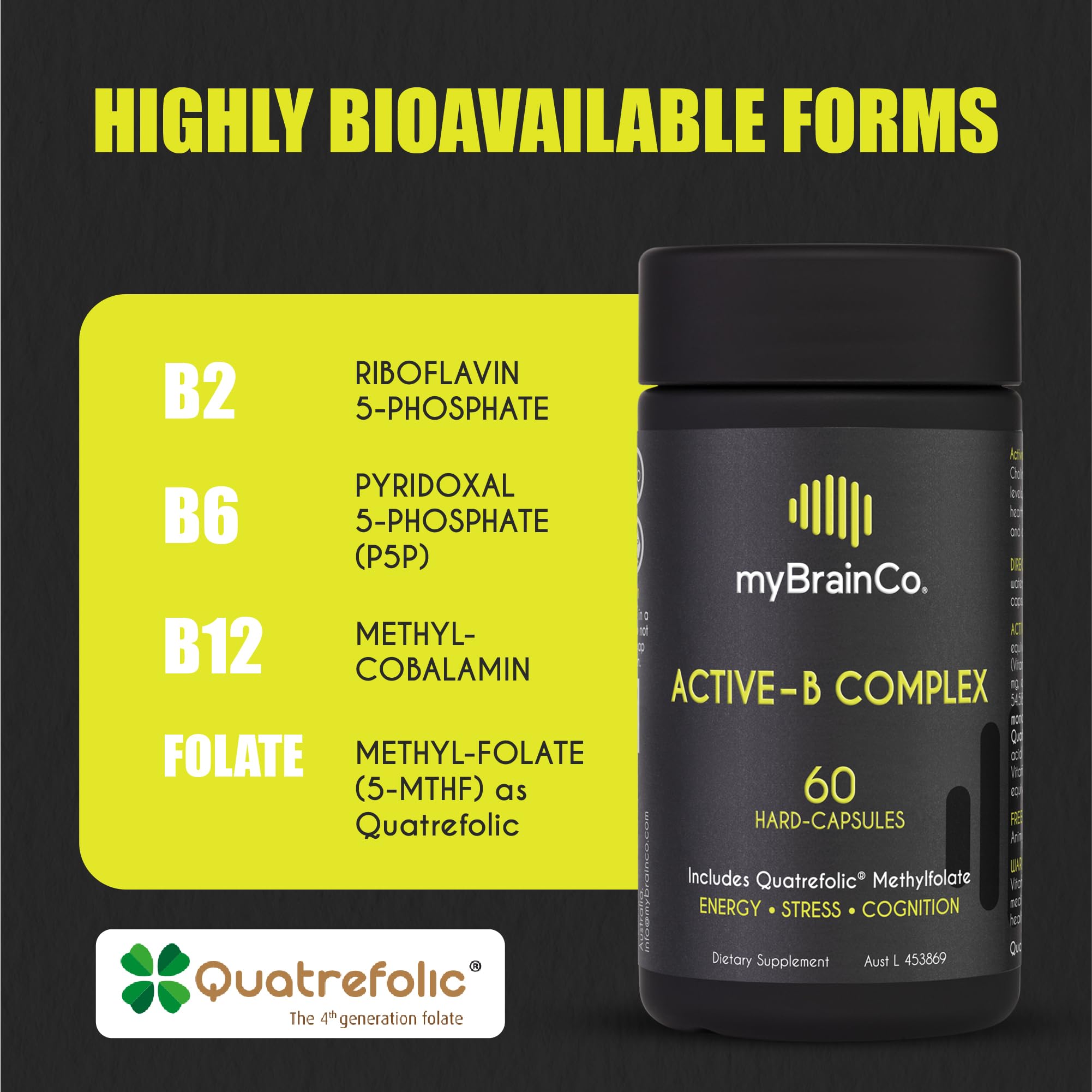 Close-up of myBrainCo Active-B Complex capsules showcasing the activated B vitamin blend.