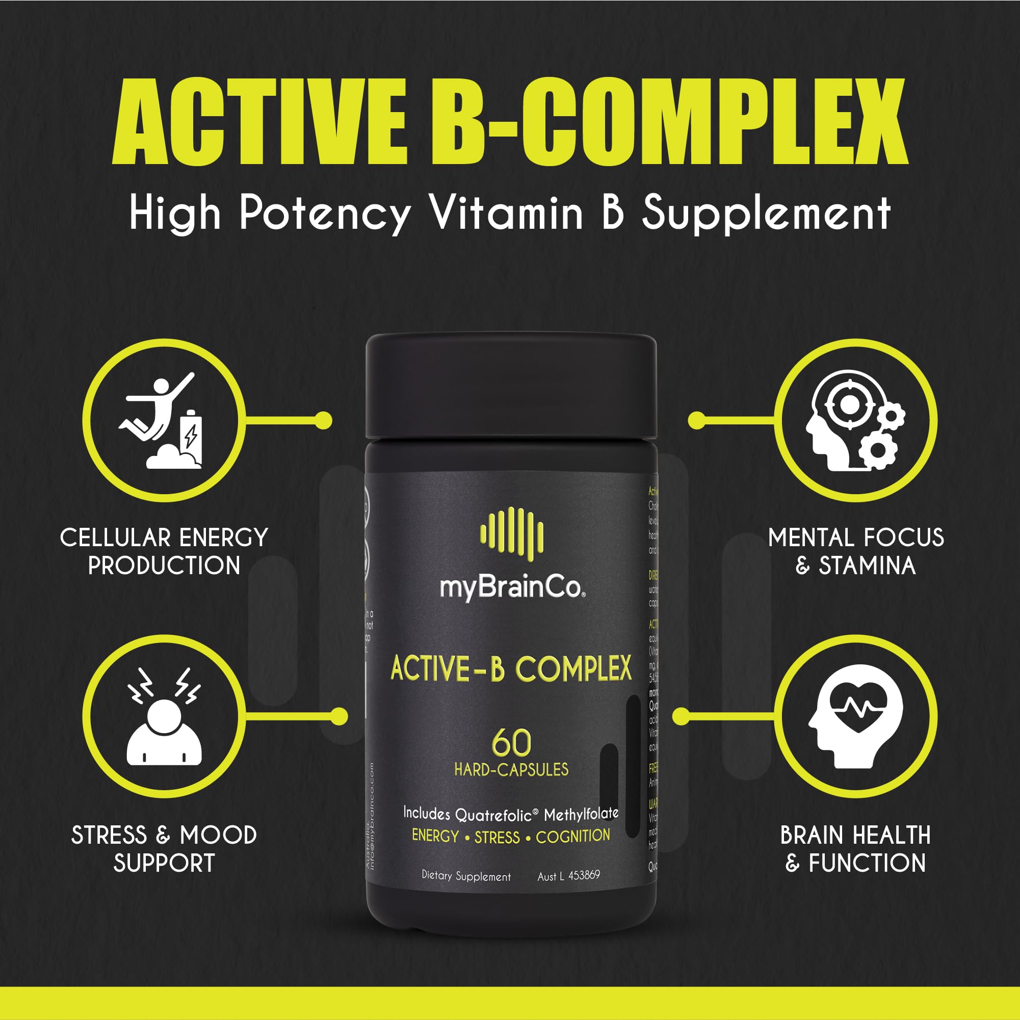 Label detail reveals methylfolate and choline content in myBrainCo Active-B Complex.