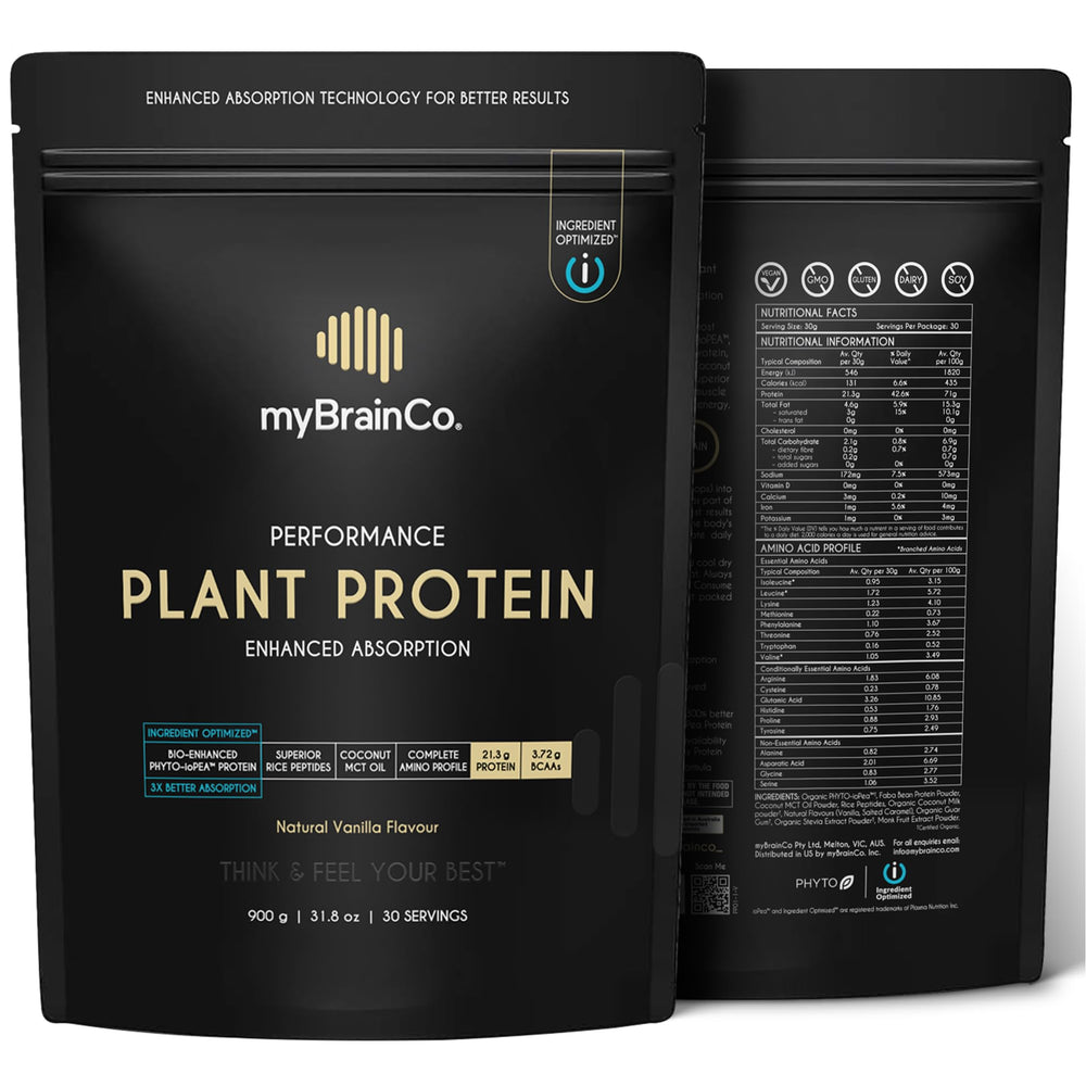 MyBrainCo bio-optimized plant protein powder tub front label shows vegan ingredients.
