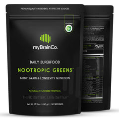 myBrainCo Nootropic Greens bottle front shows daily brain energy support.
