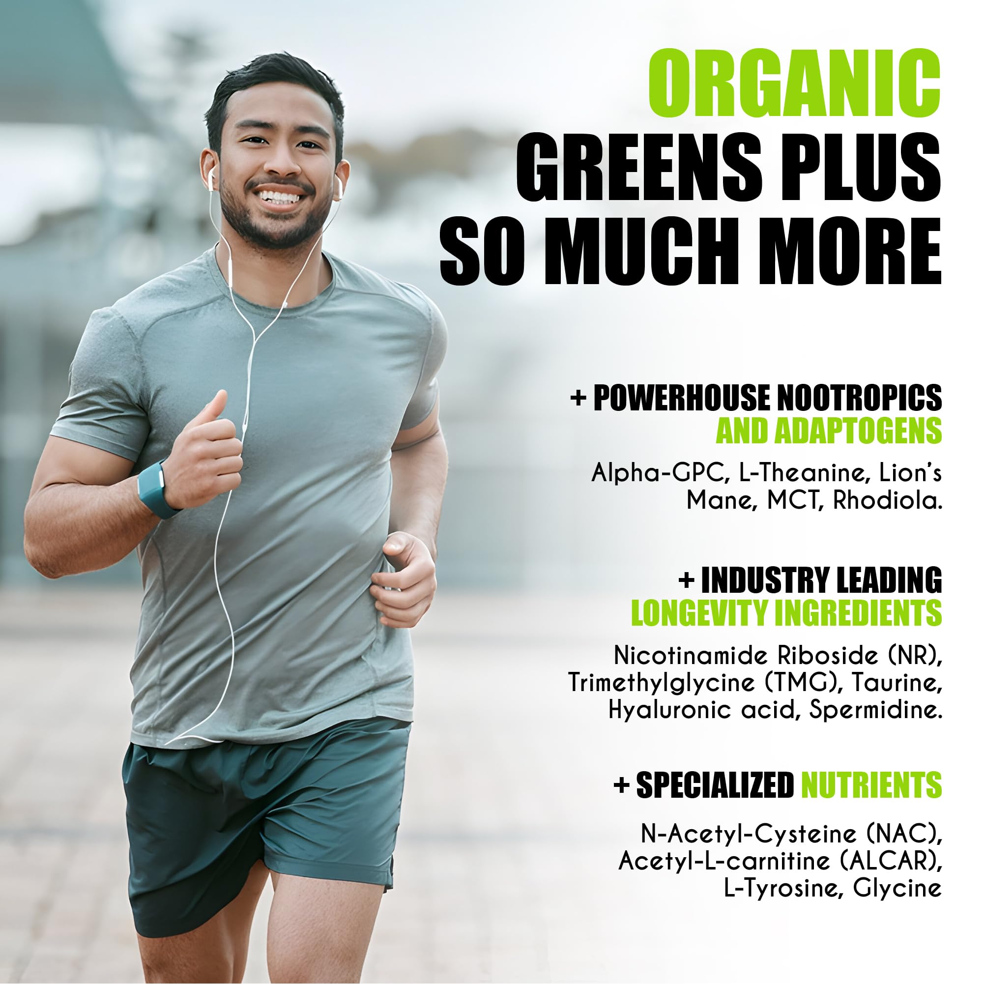 myBrainCo Nootropic Greens bottle label close-up highlights organic greens and transparency.
