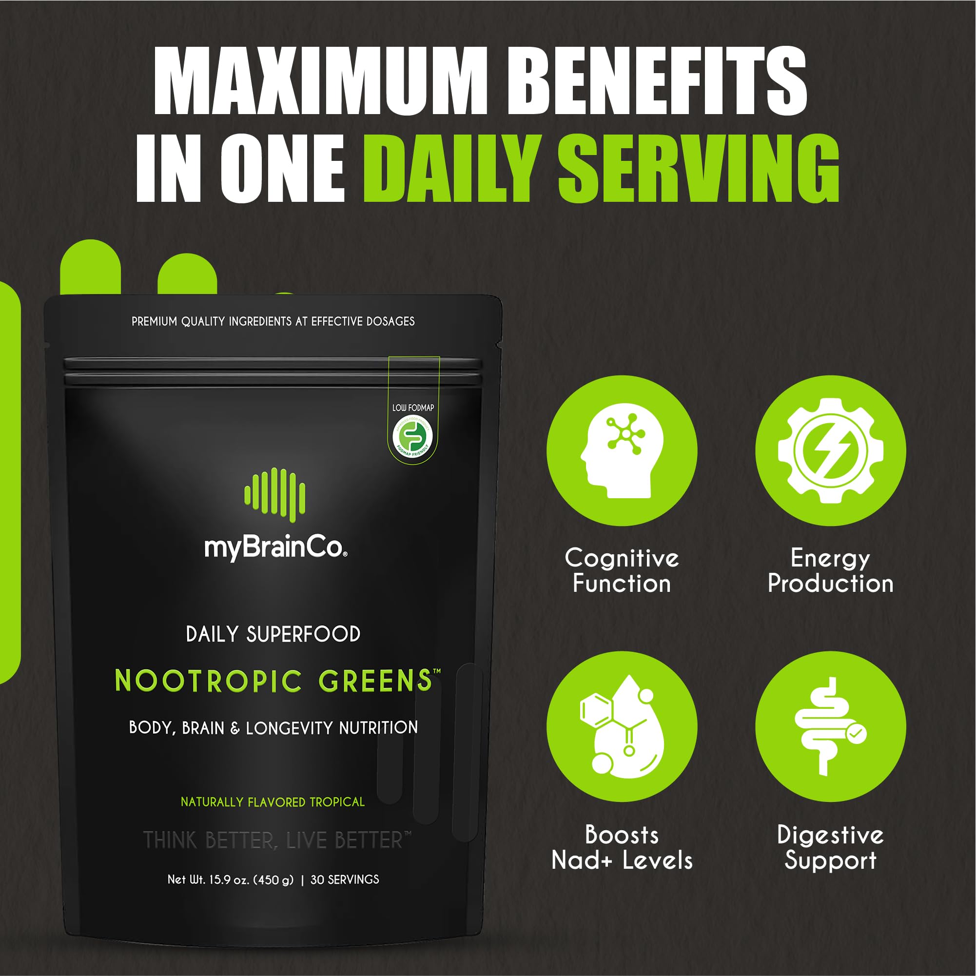 myBrainCo Nootropic Greens certifications and labels emphasize quality and safety.