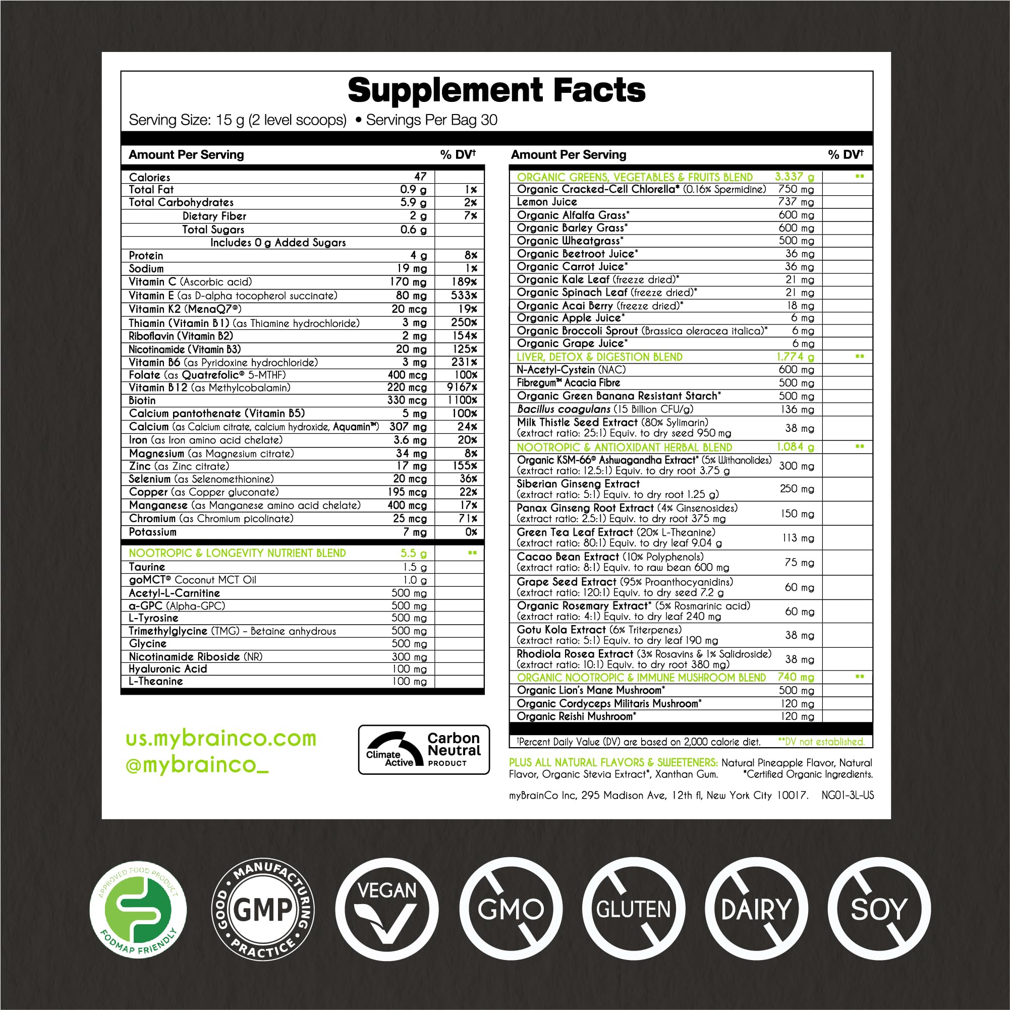 myBrainCo Nootropic Greens supplement facts close-up for informed choices.