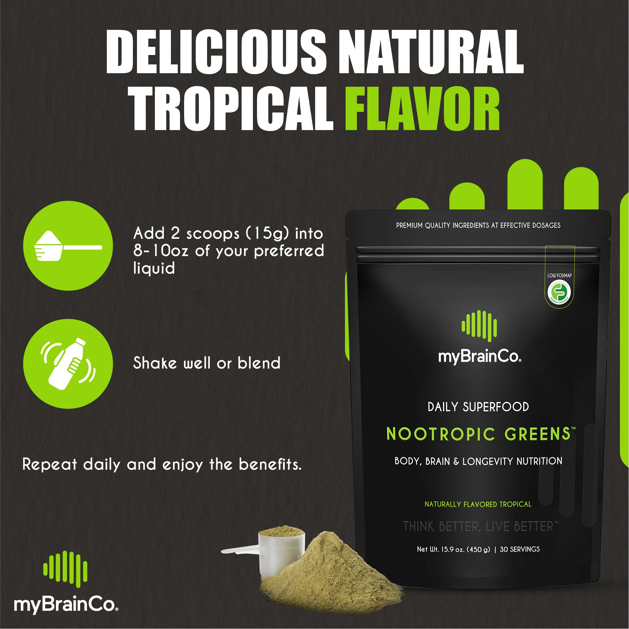 myBrainCo Nootropic Greens lifestyle shot on kitchen shelf during daily routine.