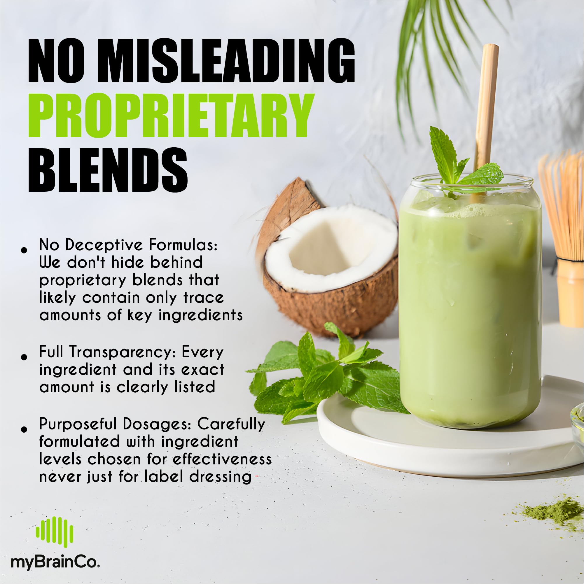 myBrainCo Nootropic Greens scoop with powder ready to mix for morning clarity.