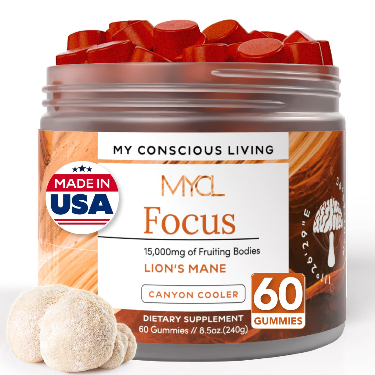 MYCL Lions Mane Gummies bottle showing Canyon Cooler flavor for on-the-go cognitive support