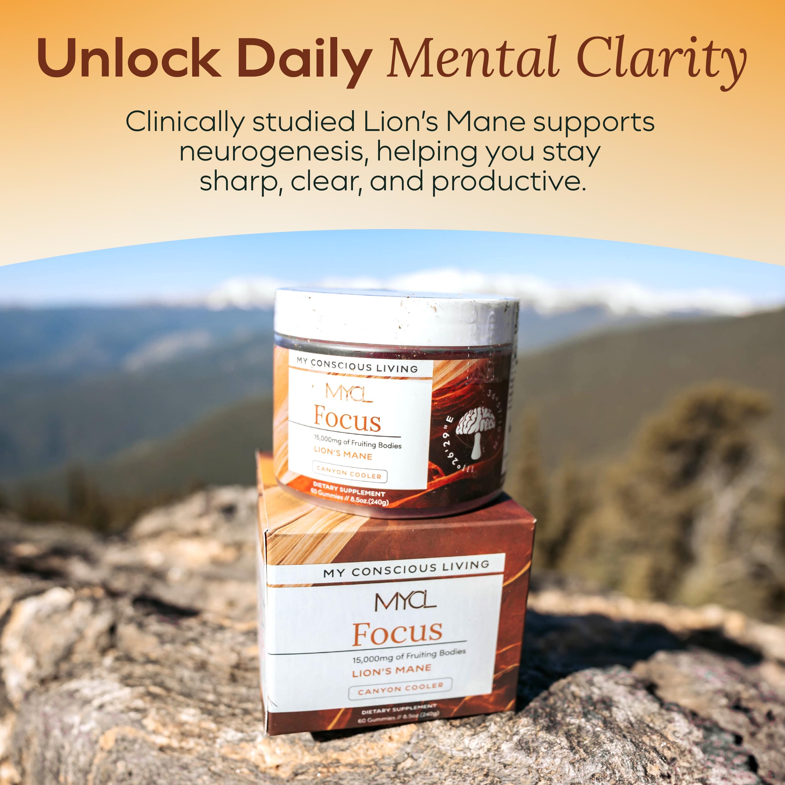 MYCL Lions Mane Gummies packaging front highlighting vegan and gluten-free formulation