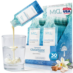 MYCL liposomal glutathione bottle highlighting high absorption and daily wellness.