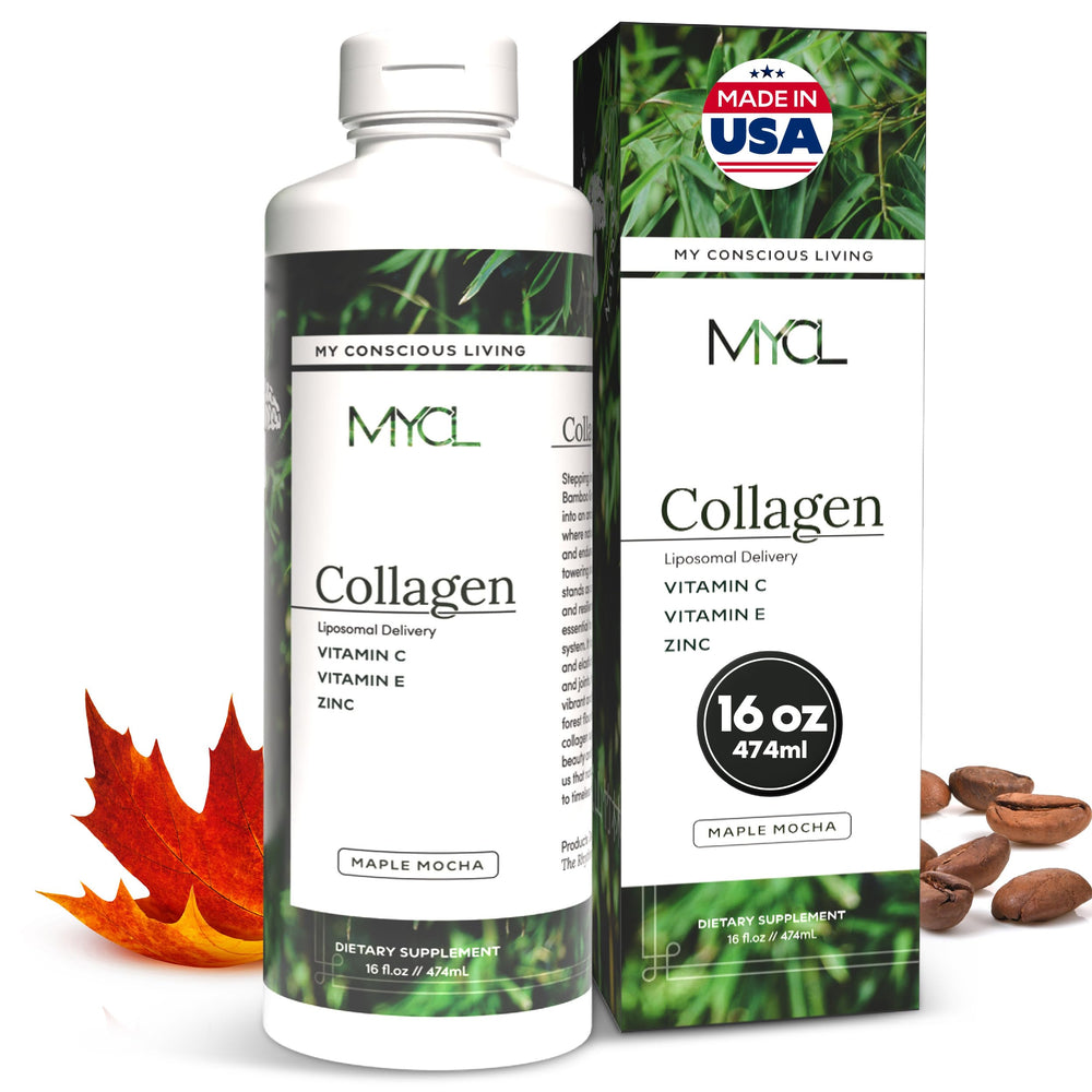 MYCL Liquid Collagen bottle pour highlights fast-absorption liposomal formula for daily beauty