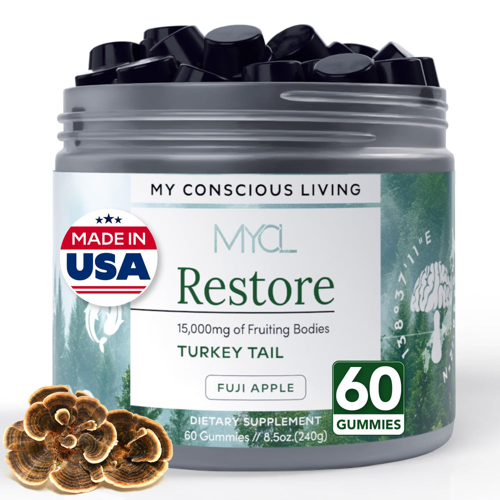 MYCL Restore Turkey Tail Gummies bottle front for daily immune support.