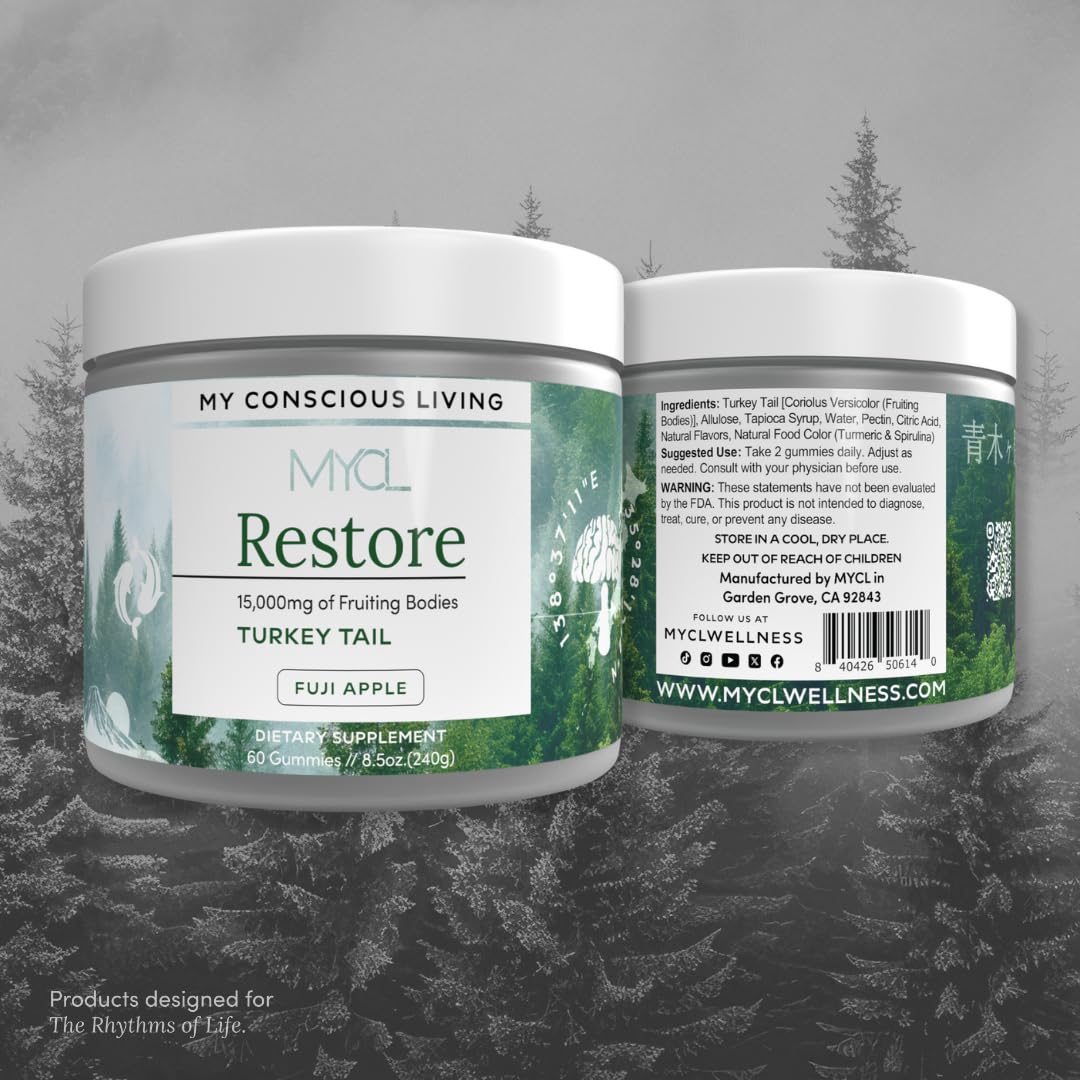MYCL Restore Turkey Tail Gummies nutrition panel highlights vegan gluten free ingredients.
