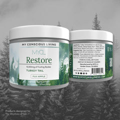 MYCL Restore Turkey Tail Gummies nutrition panel highlights vegan gluten free ingredients.