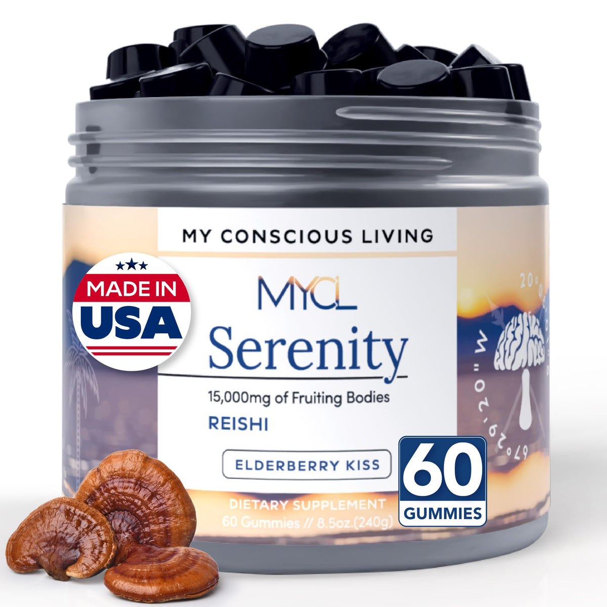 MYCL Serenity Reishi Gummies bottle on nightstand for easy daily calm