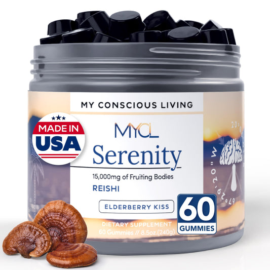 MYCL Serenity Reishi Gummies bottle on nightstand for easy daily calm