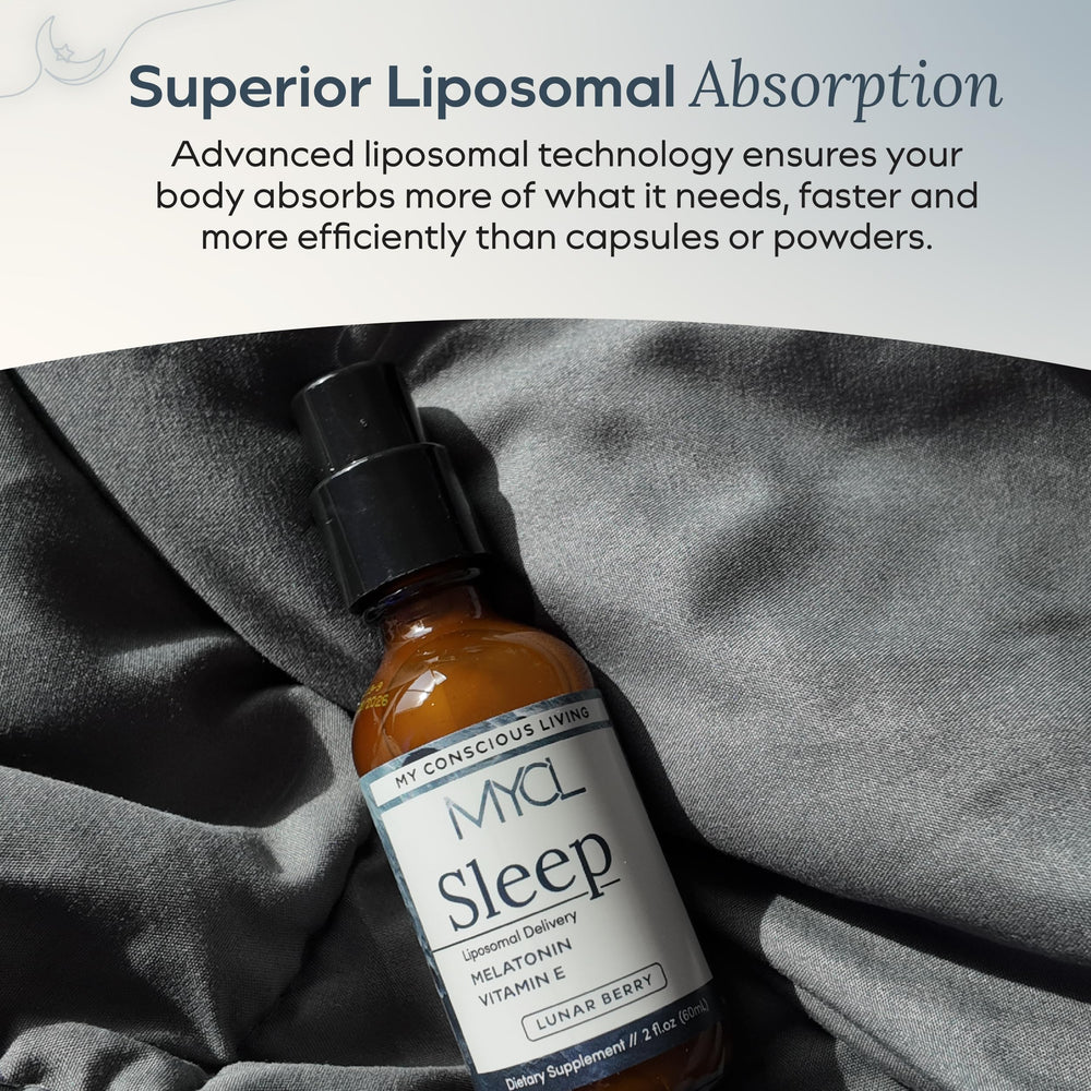 MYCL Sleep Liposomal Melatonin berry bottle and glass on nightstand