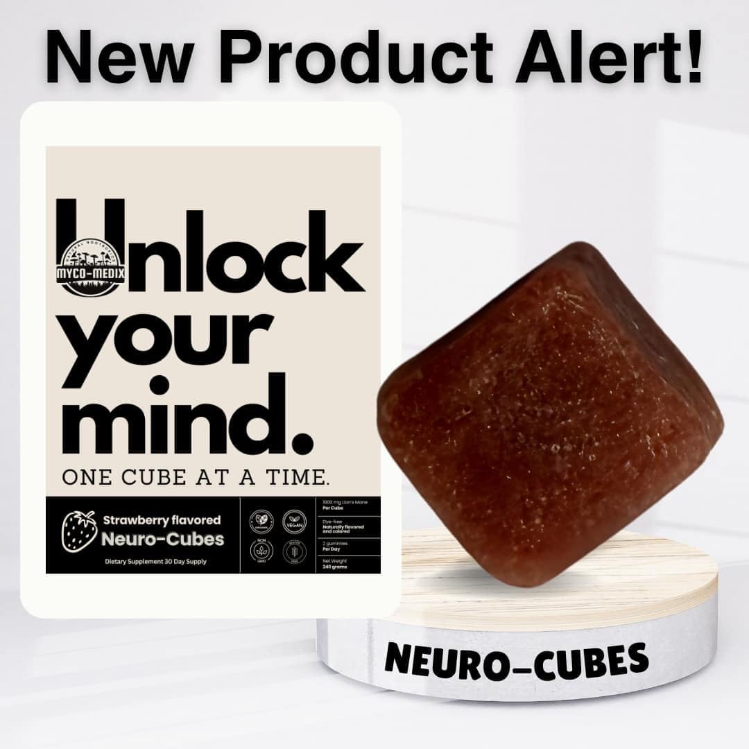 MYCOMedix Neuro-Cubes label shows vegan, gluten-free, non-GMO claims.