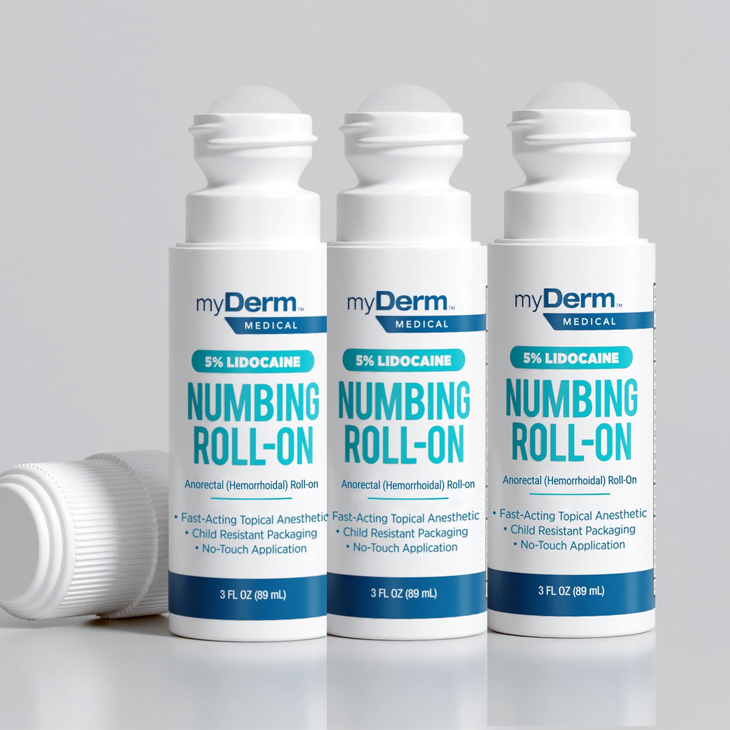 Myderm lidocaine roll-on application close-up for fast numbing of minor aches.