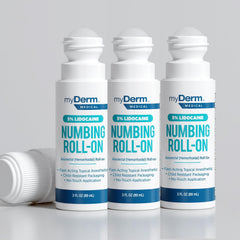 Myderm lidocaine roll-on application close-up for fast numbing of minor aches.
