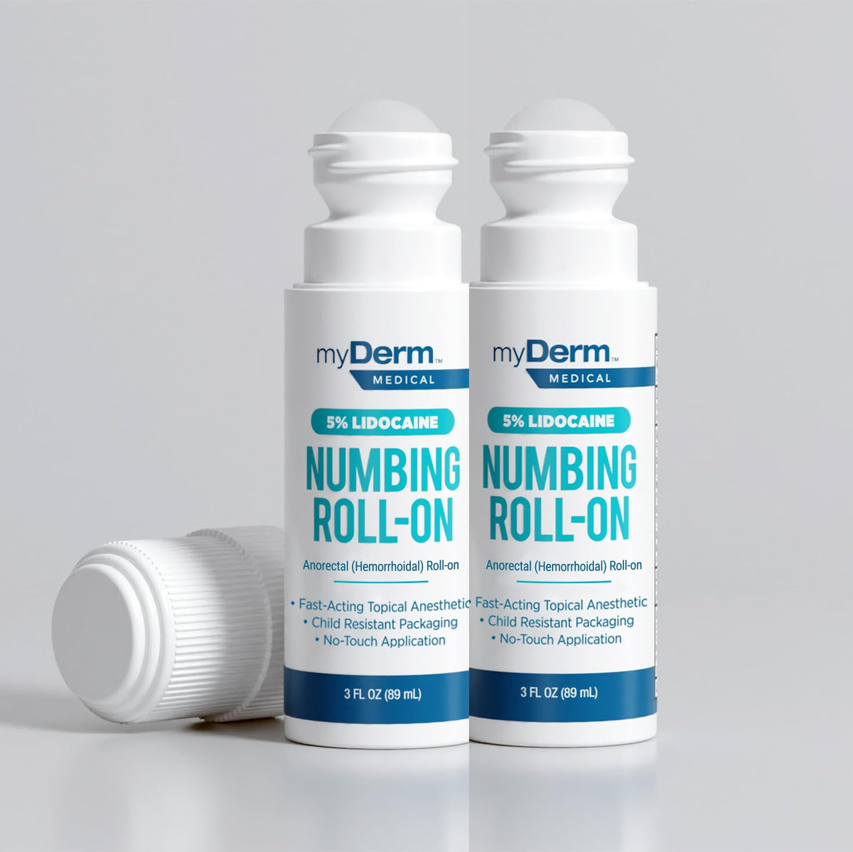 Myderm Medical 5% Lidocaine roll-on front view for quick numbing relief.