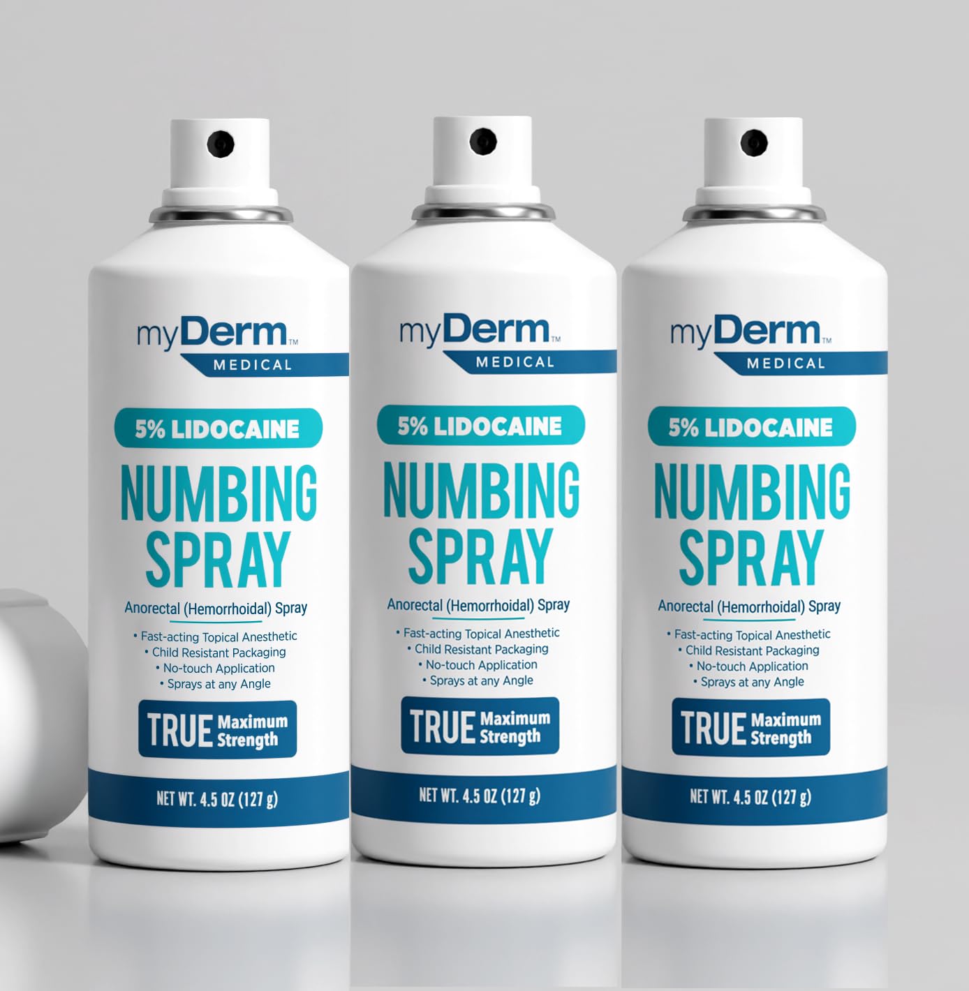 Myderm Medical Numbing Spray bottles in a three-pack for quick relief and hygienic use.