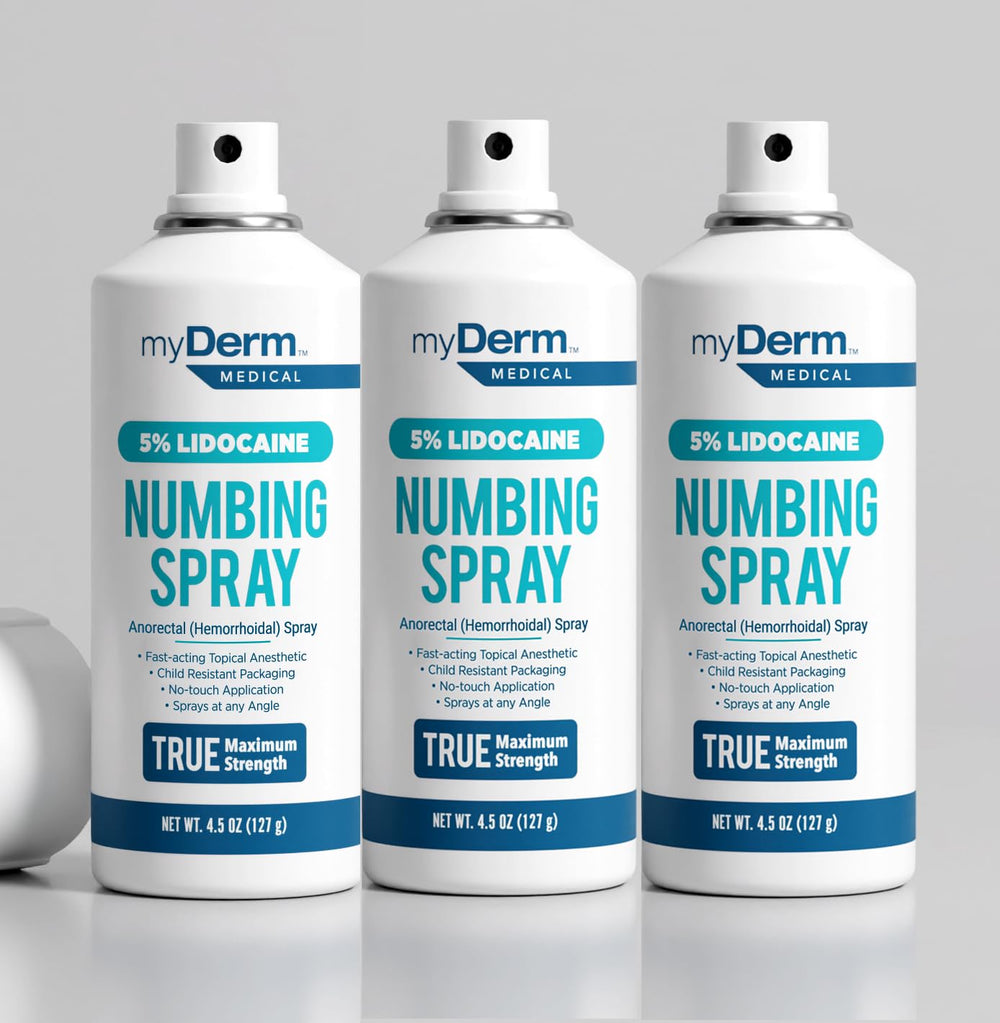 Myderm Medical Numbing Spray bottles in a three-pack for quick relief and hygienic use.