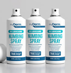 Myderm Medical Numbing Spray bottles in a three-pack for quick relief and hygienic use.