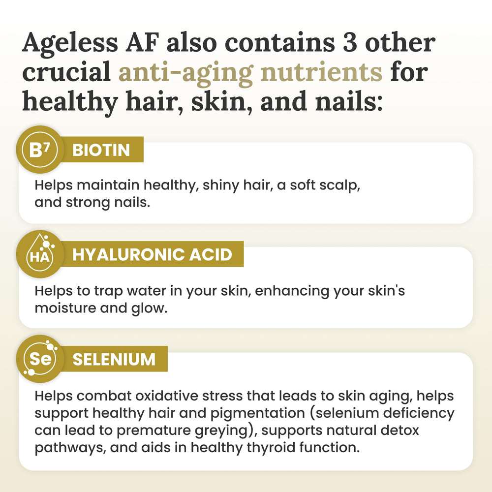 Myers Detox Ageless AF biotin close-up emphasizing hair and nail health potential.