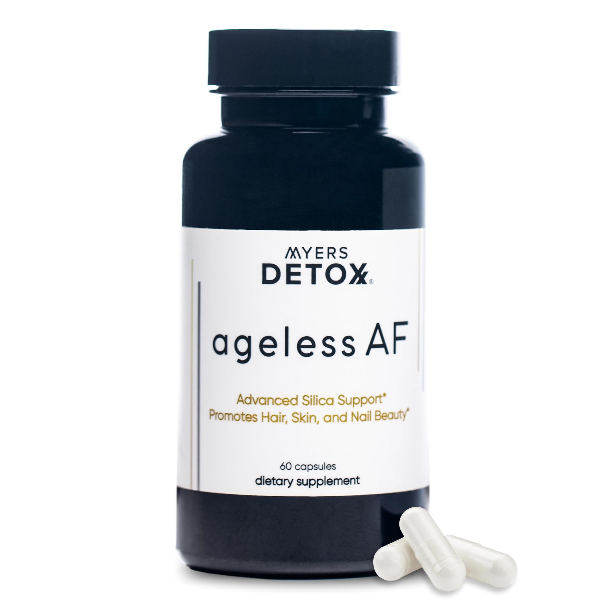 Myers Detox Ageless AF bottle front view, vegan gluten-free beauty support for hair, skin and nails.