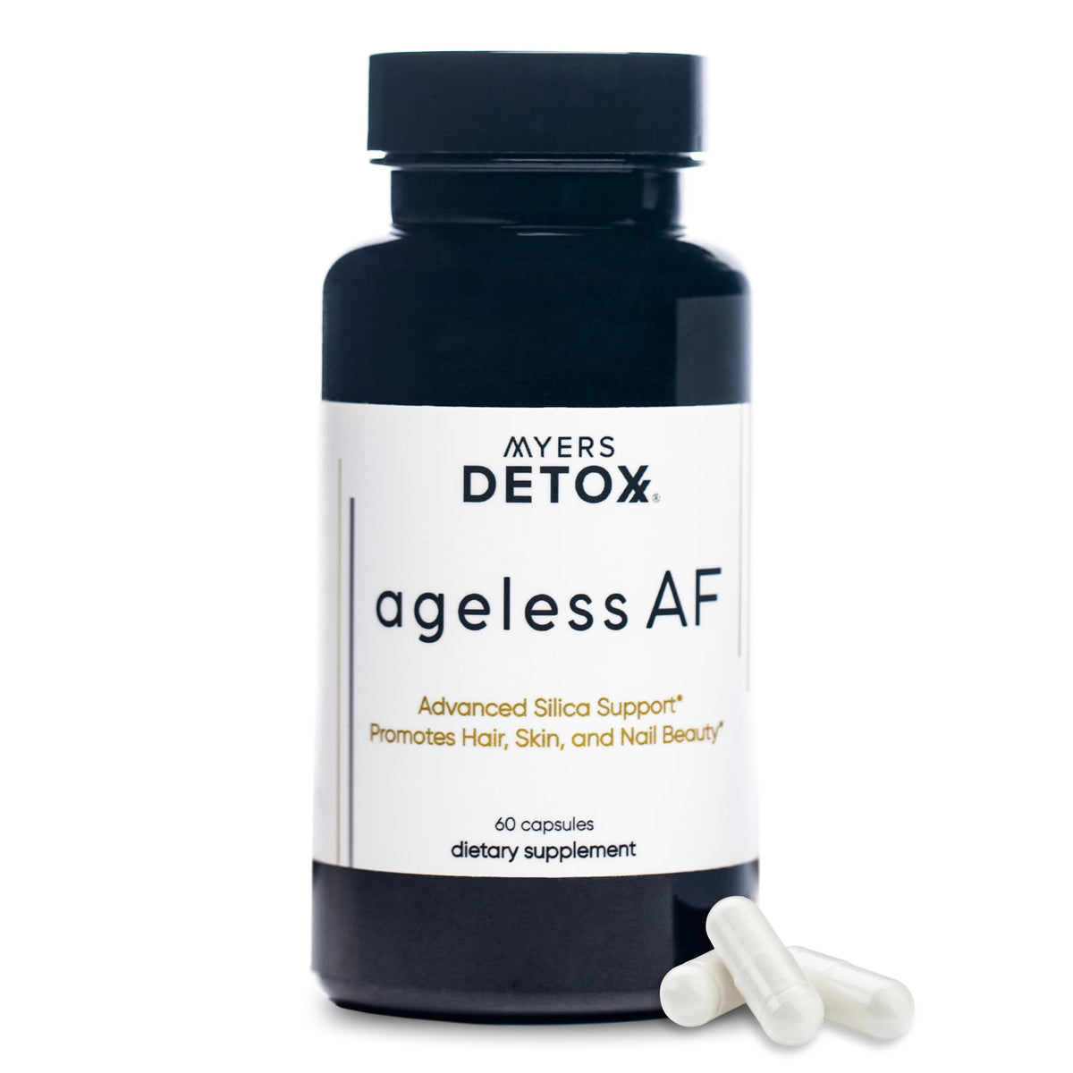 Myers Detox Ageless AF bottle front view, vegan gluten-free beauty support for hair, skin and nails.