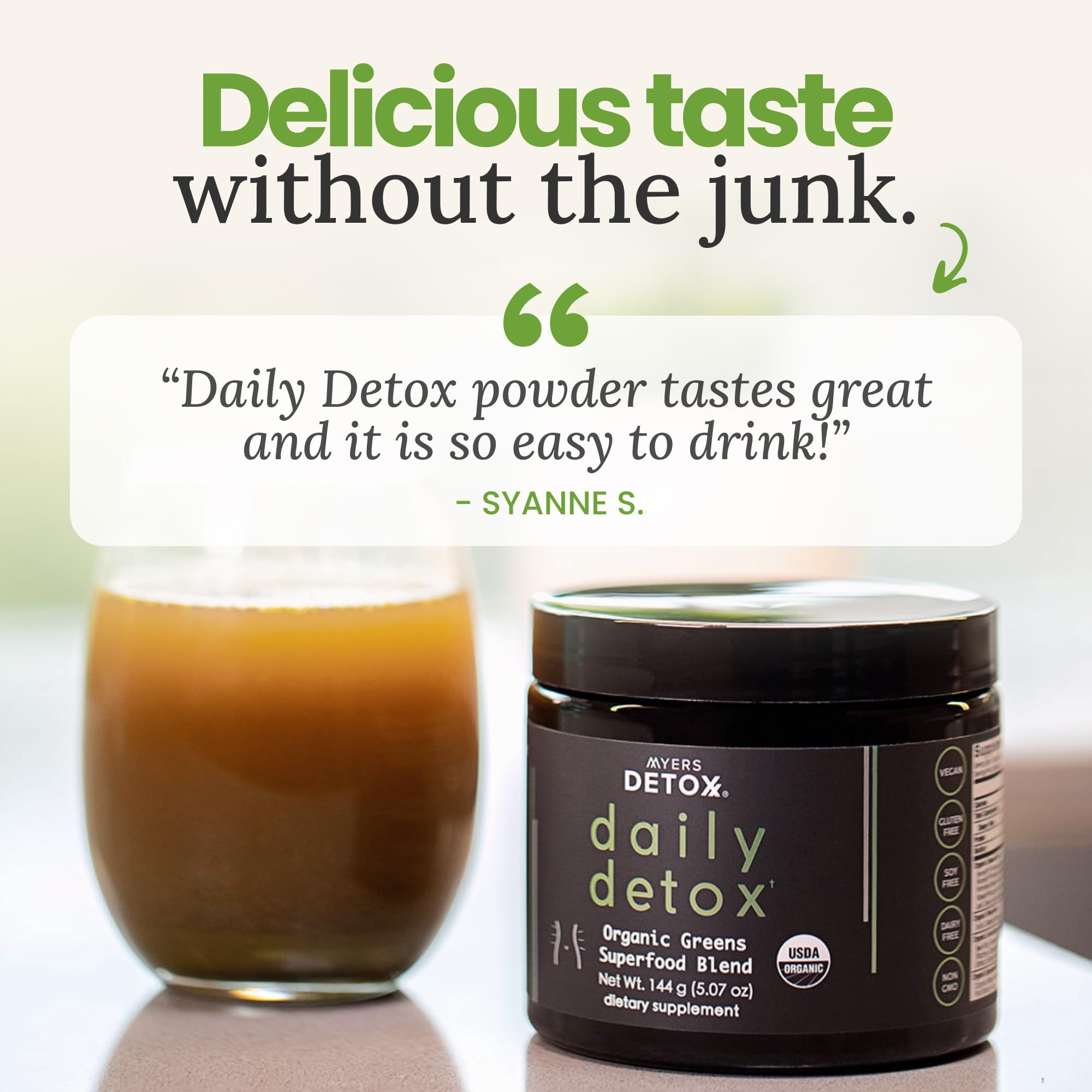 Close-up of organic ingredients in Myers Detox Greens for gut support.