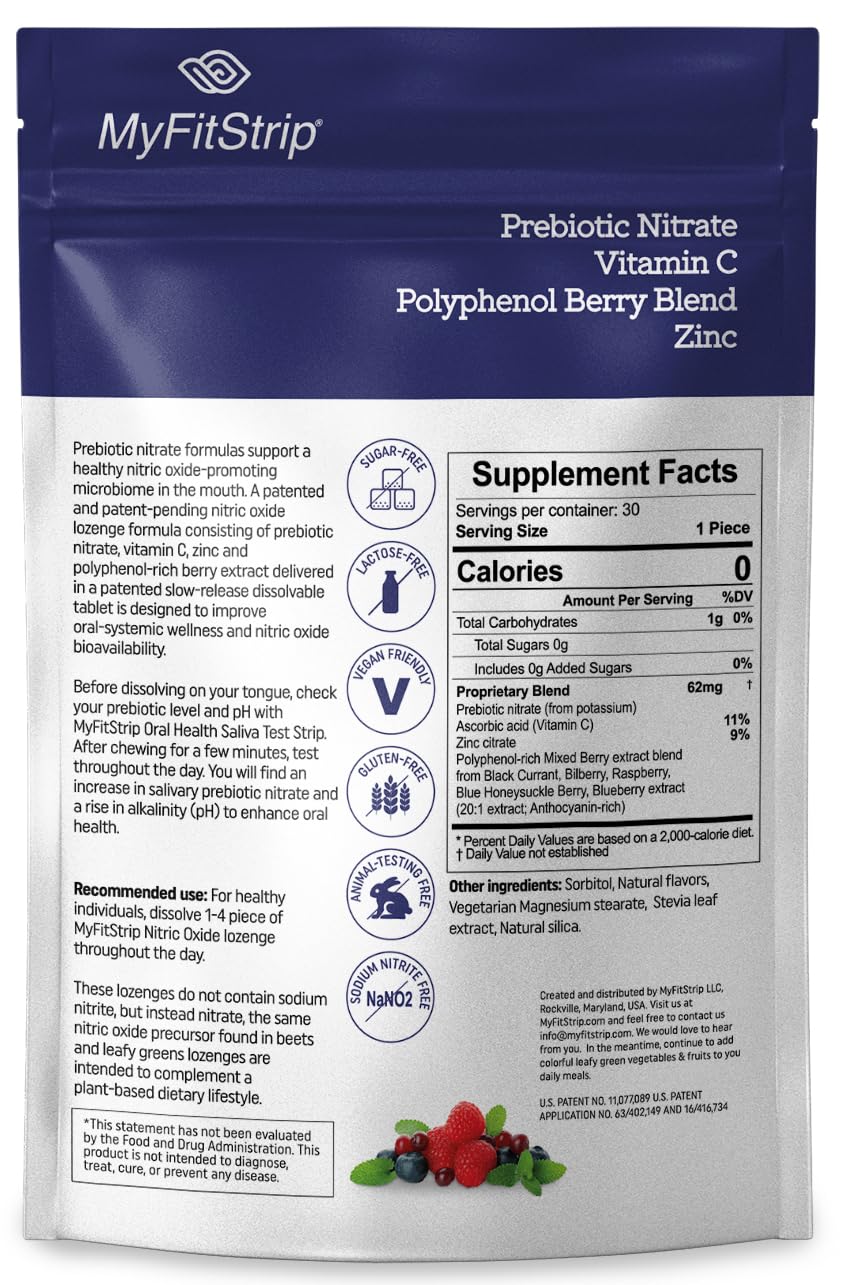 MyFitStrip Nitric Oxide Lozenges pack back with ingredients