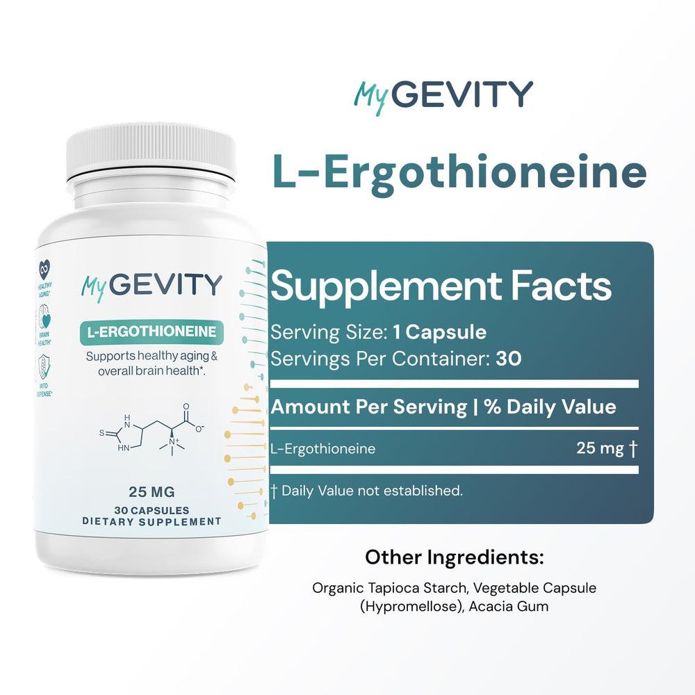 MyGevity L-Ergothioneine capsules close-up, 25mg dose for cellular antioxidant protection.