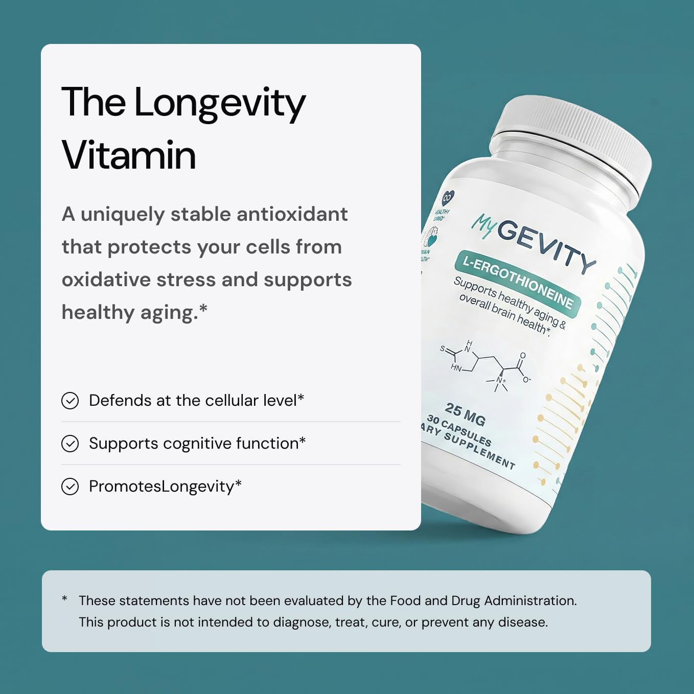 MyGevity L-Ergothioneine bottle on a kitchen counter, vegan and Non-GMO promise.
