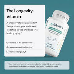 MyGevity L-Ergothioneine bottle on a kitchen counter, vegan and Non-GMO promise.