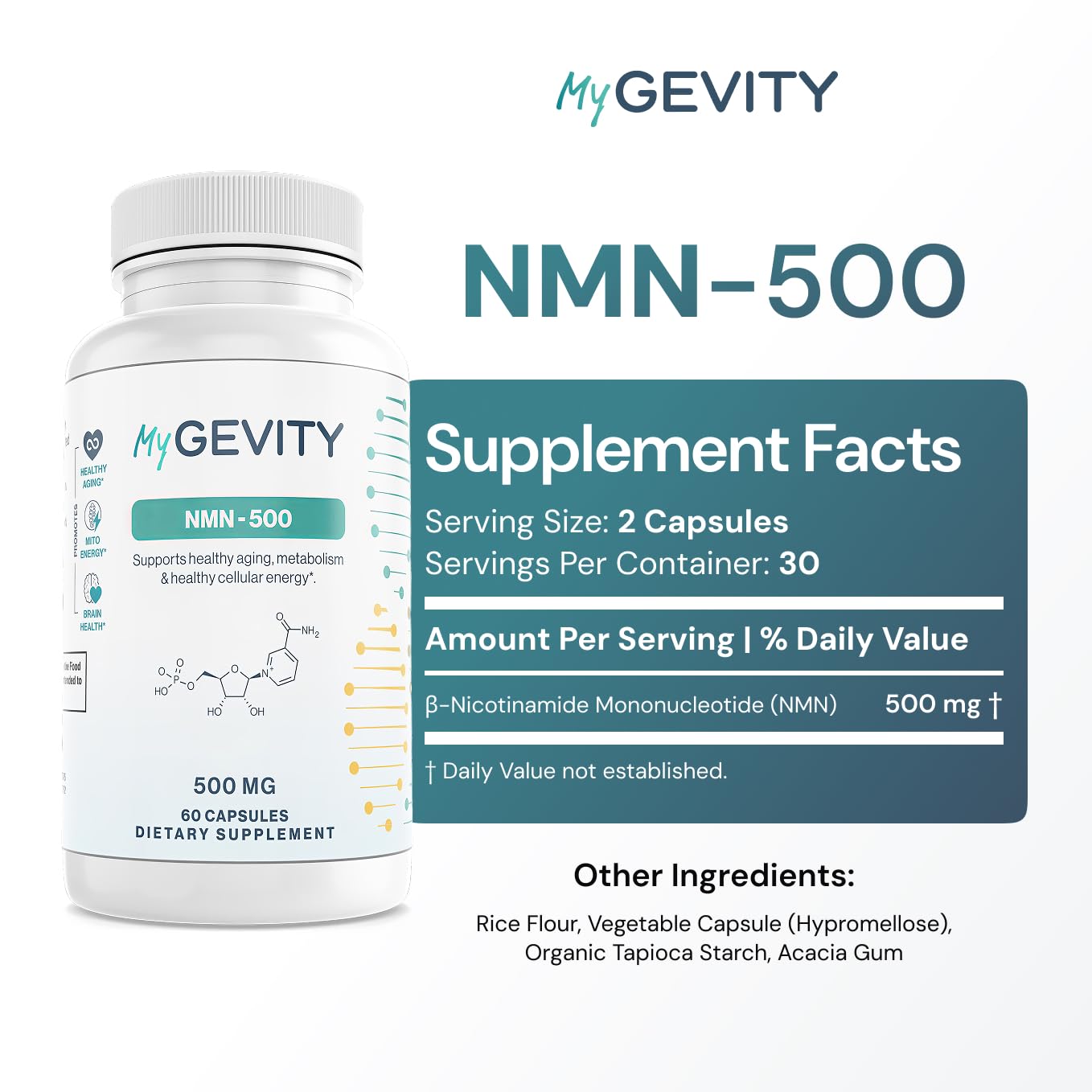 Close-up of MyGevity NMN 500mg capsules for easy daily supplementation