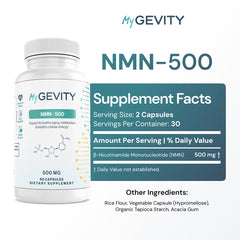 Close-up of MyGevity NMN 500mg capsules for easy daily supplementation
