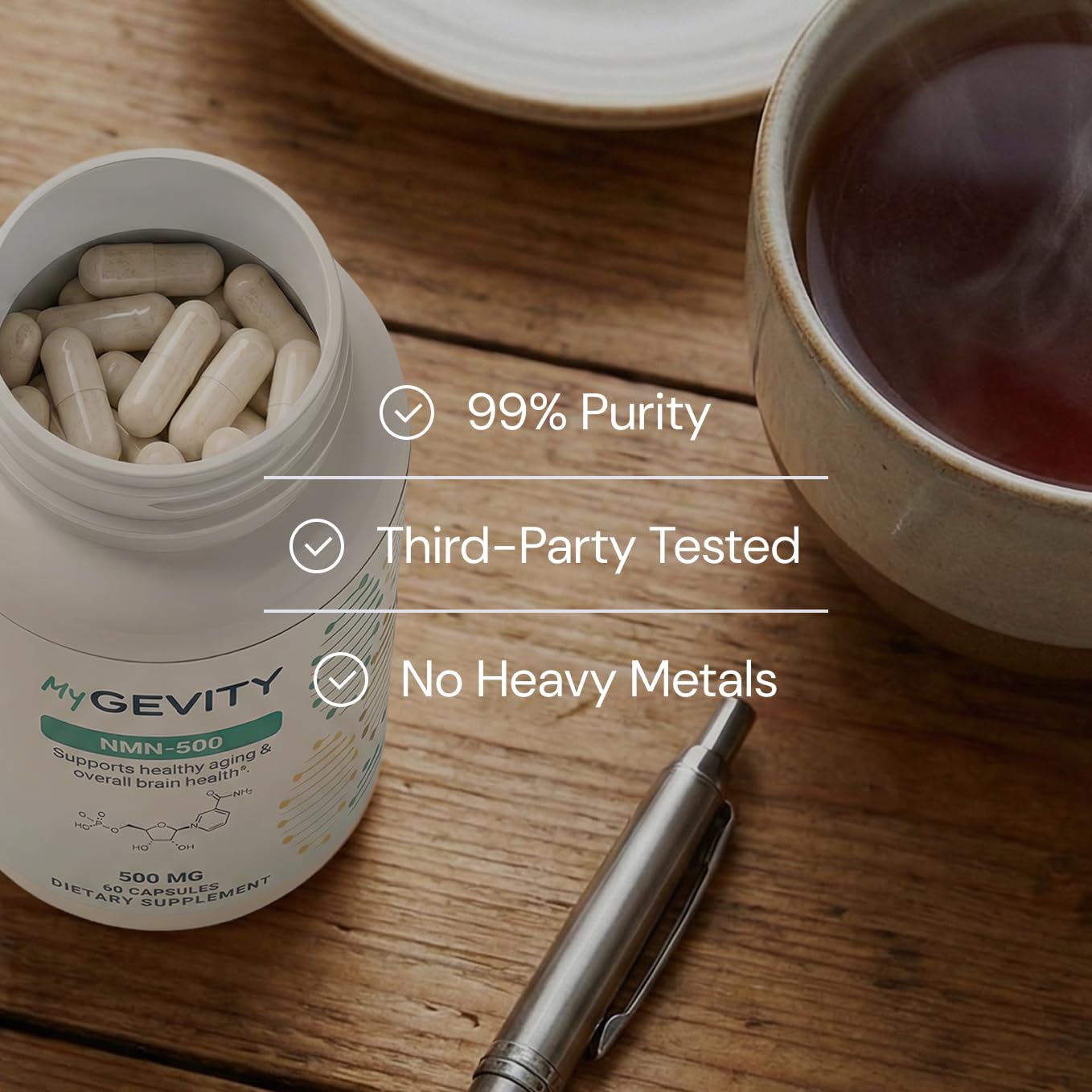 MyGevity NMN 500mg packaging displaying 60 capsules count