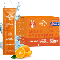 MyHy orange liquid hydration packets ready in a bottle for easy hydration