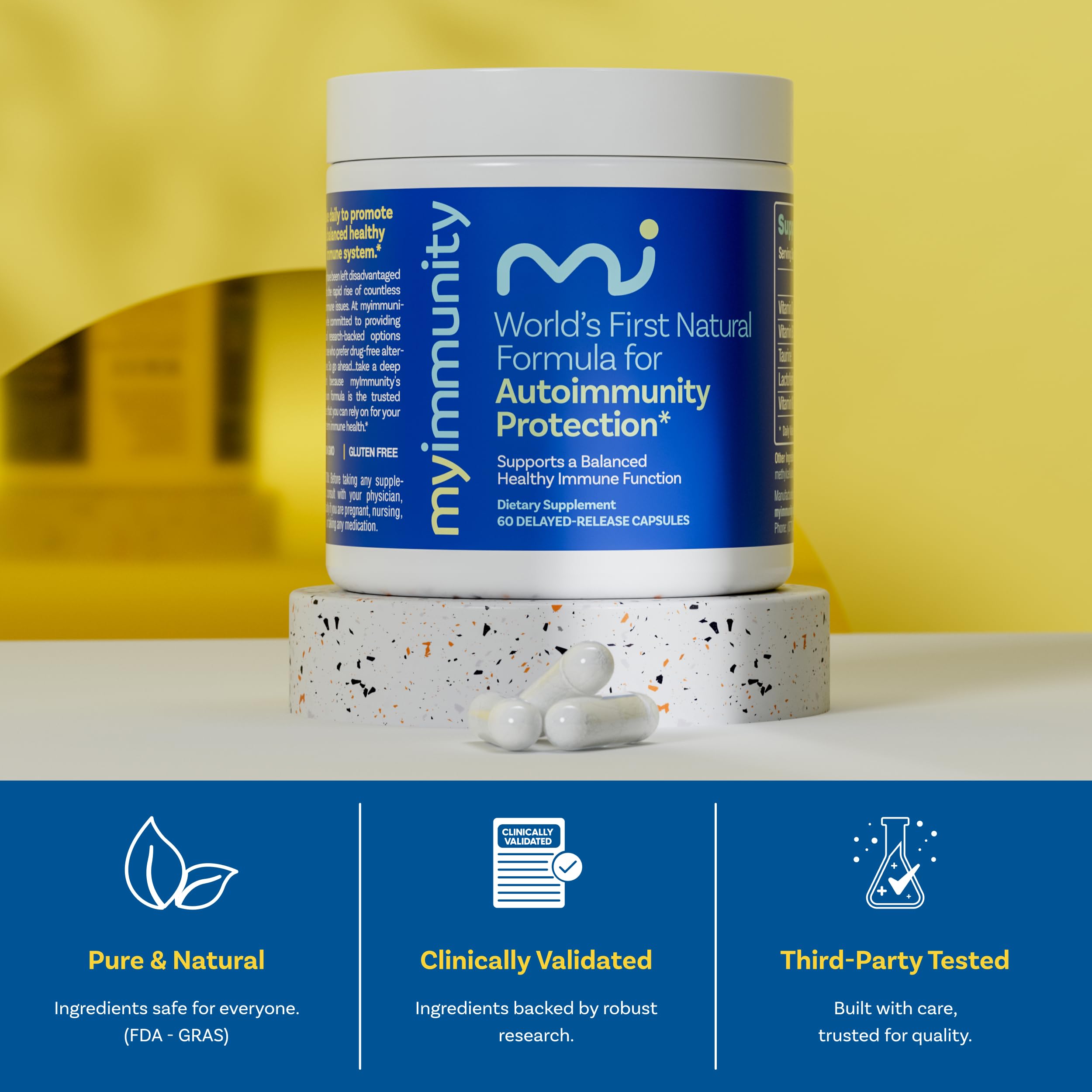 Close-up of MyImmunity capsules highlighting delayed-release design for absorption.