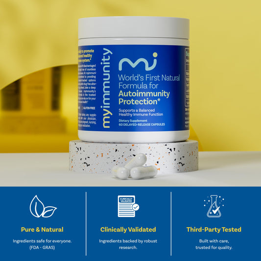 Close-up of MyImmunity capsules highlighting delayed-release design for absorption.