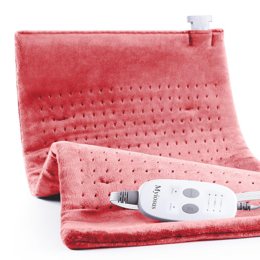 Myiosus grapefruit-red massaging heating pad delivers full-coverage warmth for back and shoulders.