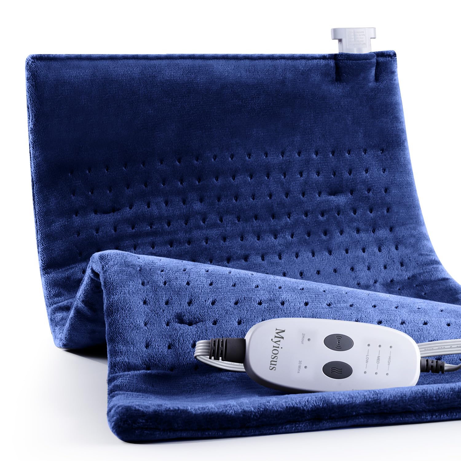 Myiosus massaging weighted heating pad back view showing full-body coverage.