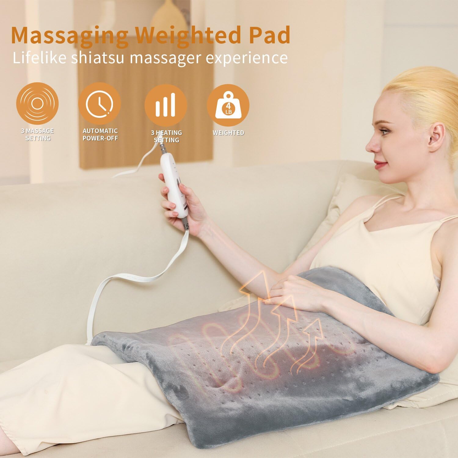 Myiosus massaging weighted heating pad on the neck delivers gentle heat for tension relief.