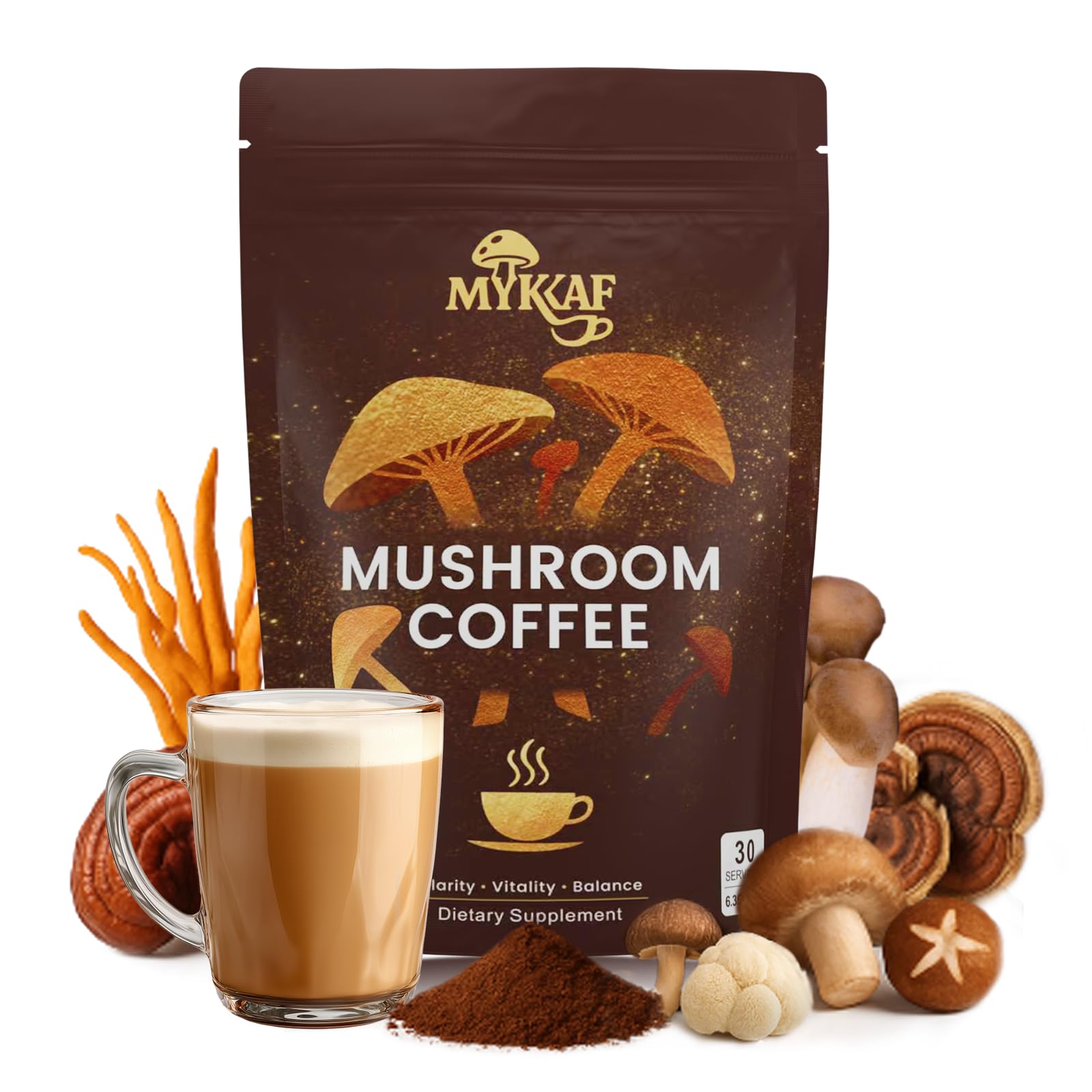 MYKAF Mushroom Coffee bag featuring 6 adaptogenic mushrooms for balanced energy