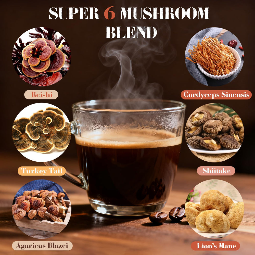 MYKAF Mushroom Coffee cup steaming with creamy notes