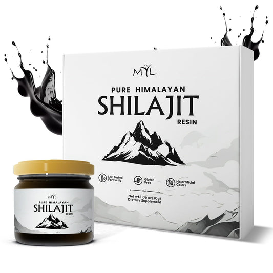 MYL Shilajit resin jar close-up shows gold-grade purity and mineral richness.