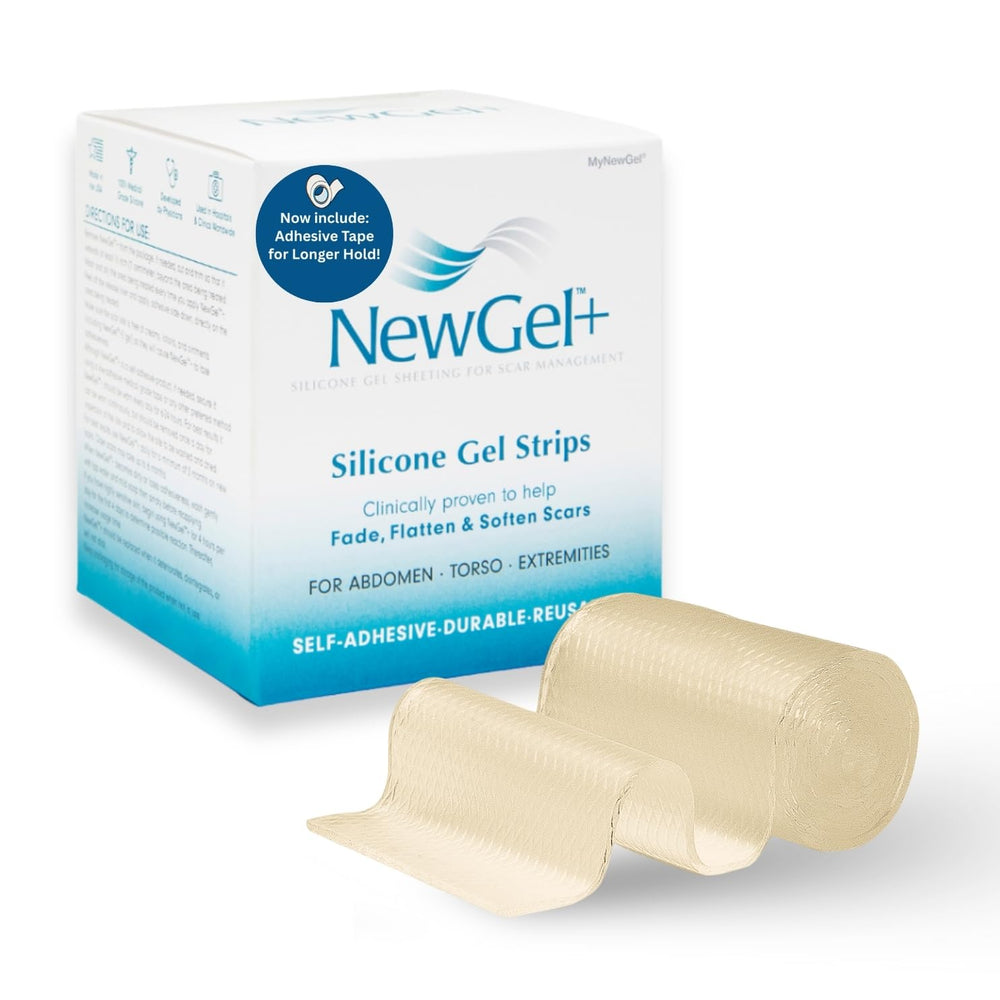 MyNewGel NewGel advanced silicone scar tape on abdomen promotes scar flattening and fading.