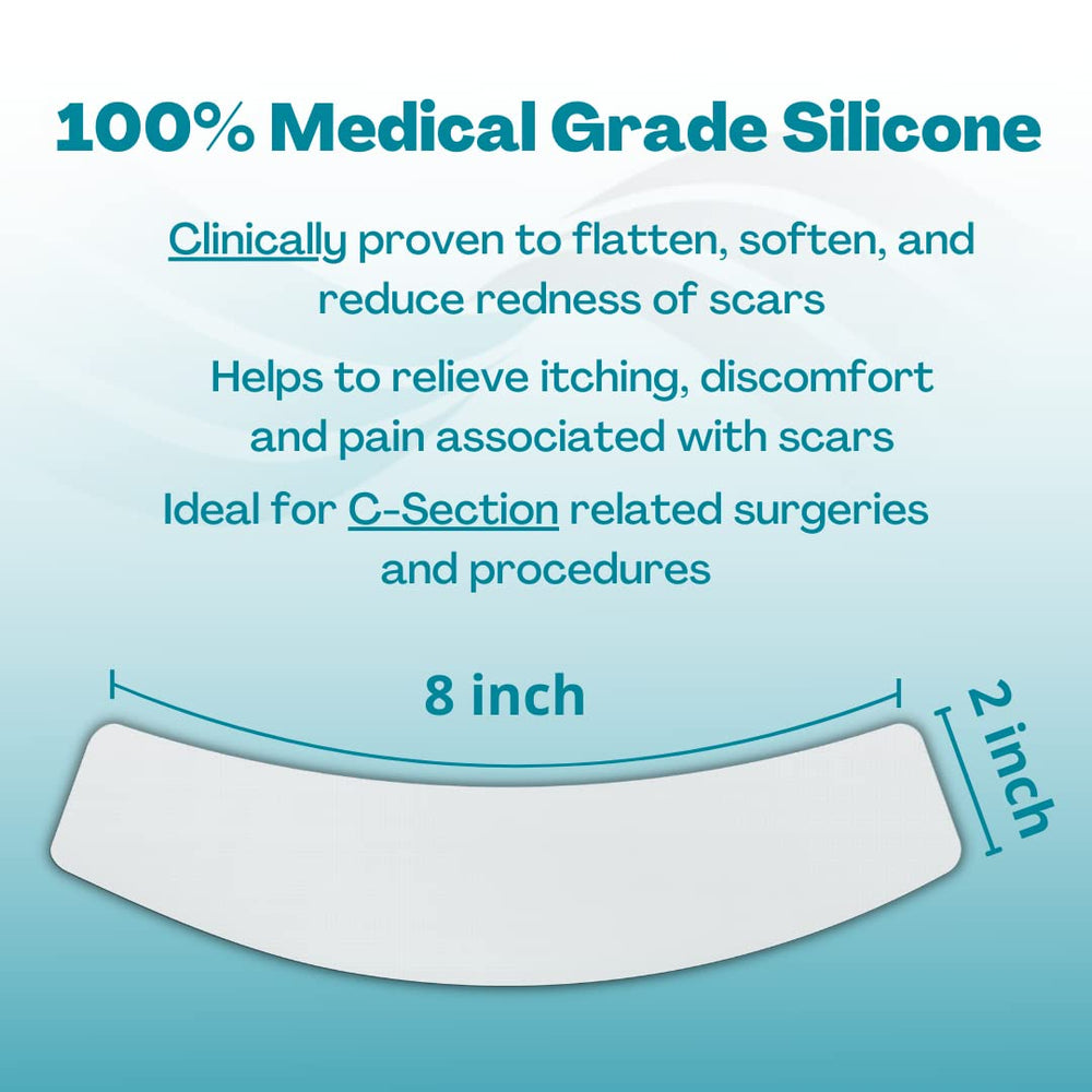 NewGel Plus scar sheet covers a C-section area with 2x8 coverage.
